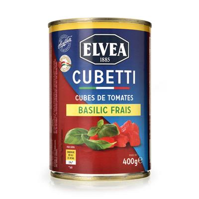 Tomaten gepeld/basilicum in blokjes "Elvea" 400g